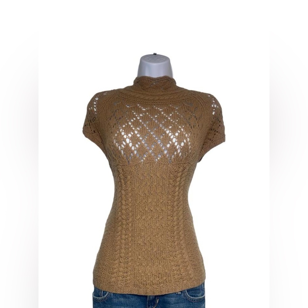 Tan wool and cashmere knit shirtsleeve sweater with mock neck